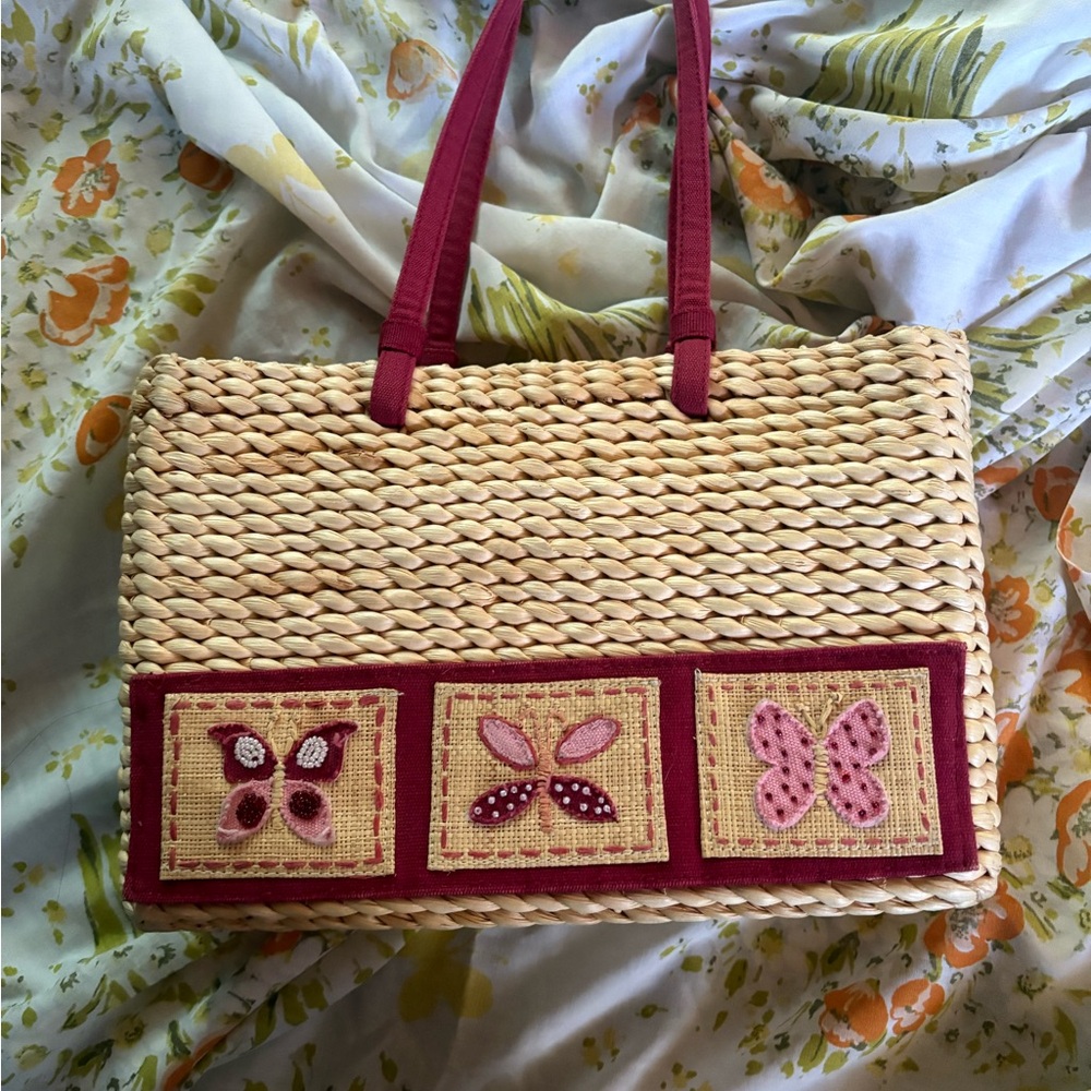 Woven Straw Tote Bag with Red Accents